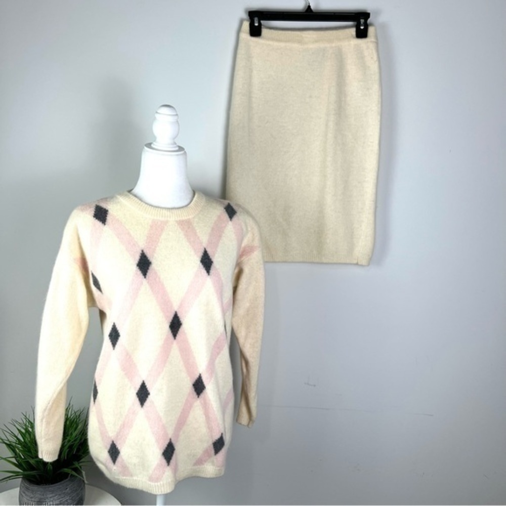 Vintage TKS Sweater and Skirt Set Womens Cream Pink Wool Angora Blend size small
